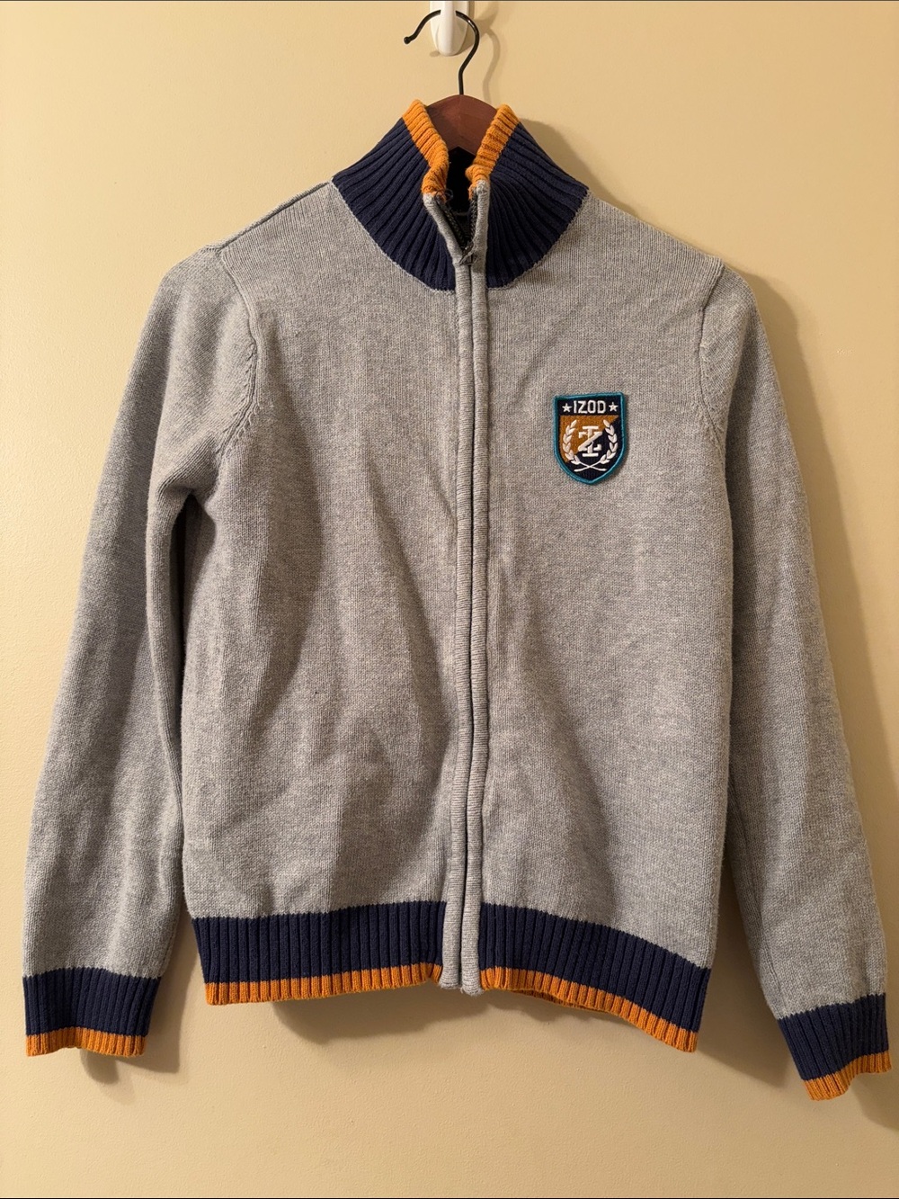 Izod Light Gray Knit Zip Sweater Jacket with Navy & Gold Trim Boys Size 10 / 12